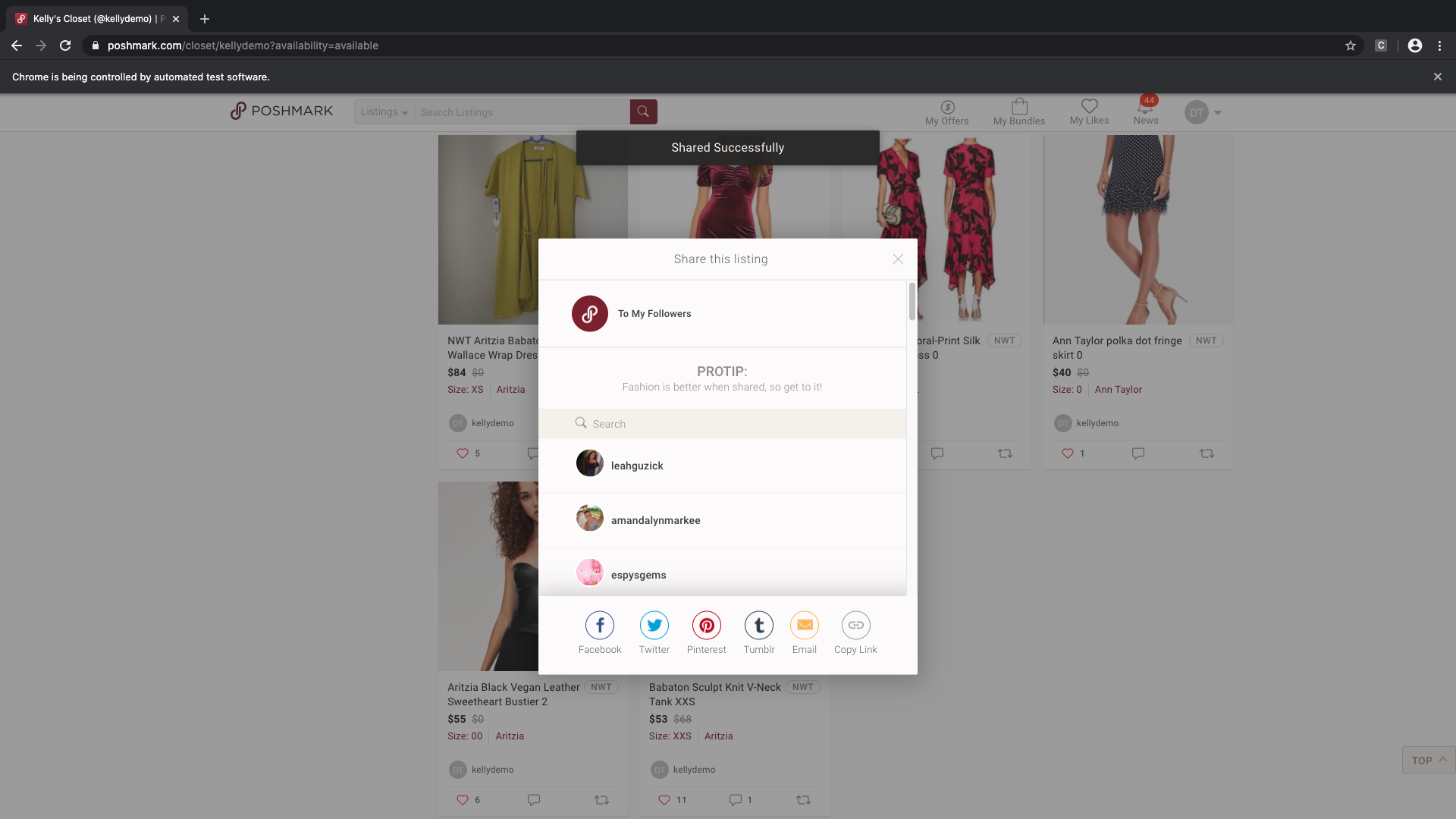 pop up modal when sharing an item